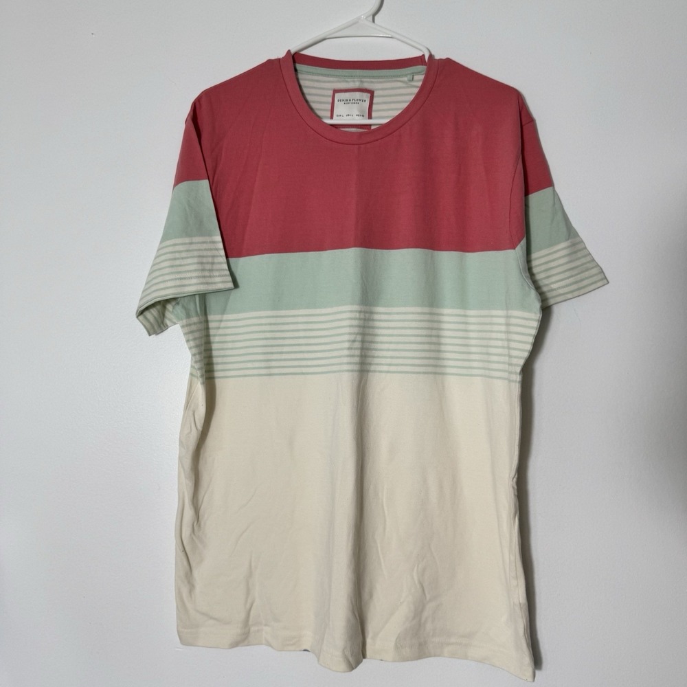 Denim Y Flower Sz L Peach & Aqua Engineered Stripe Short Sleeve Crew Neck T